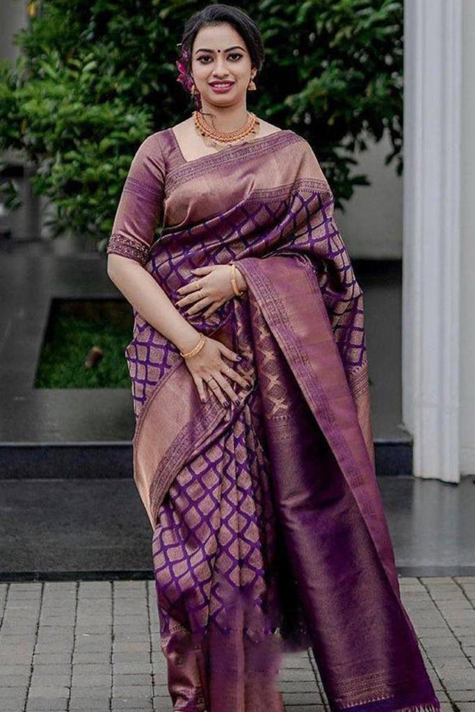 Tyrian Purple Dola Silk Saree With Designer Minakari Pallu & Contrast Blouse  - Mejaaz Fashion