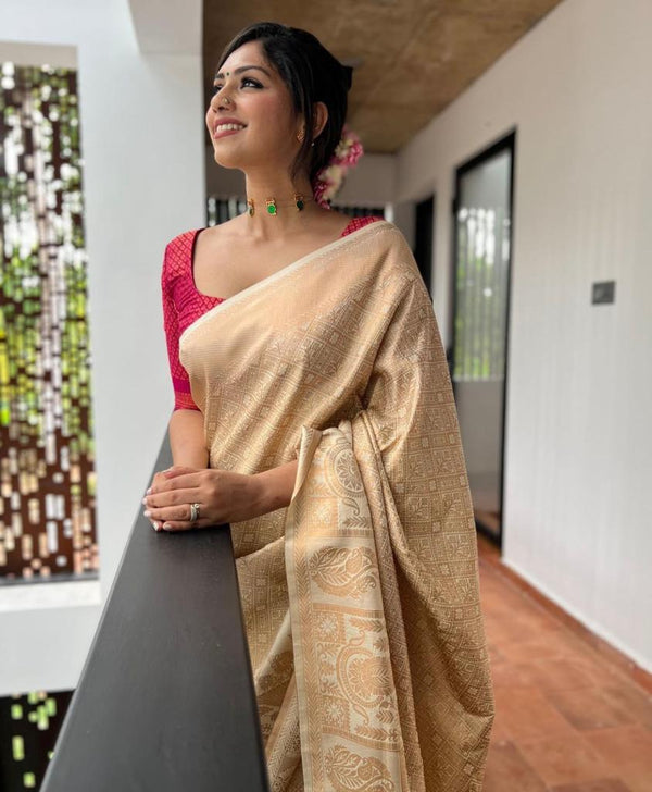 Wonderful Beige Soft Silk Saree With Mesmerising Blouse Piece ClothsVilla