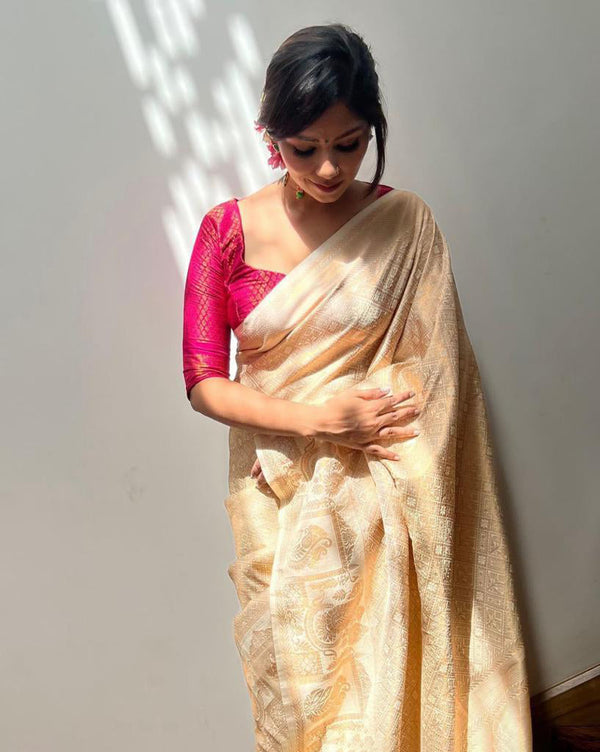 Wonderful Beige Soft Silk Saree With Mesmerising Blouse Piece ClothsVilla
