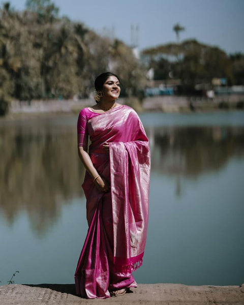 Exceptional Pink Soft Silk Saree With Glorious Blouse Piece ClothsVilla Main image