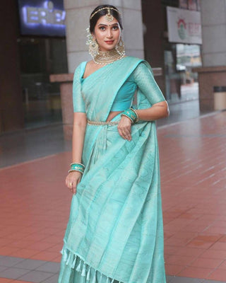 Exquisite Firozi Soft Silk Saree With Traditional Blouse Piece ClothsVilla