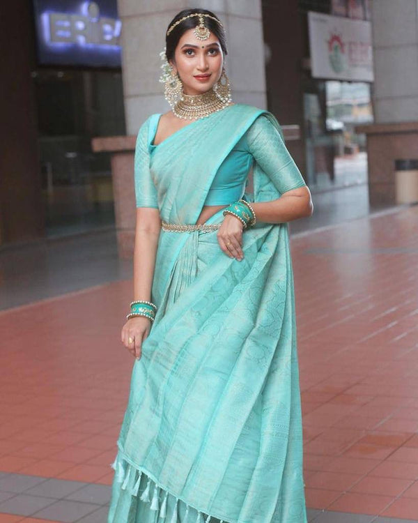 Exquisite Firozi Soft Silk Saree With Traditional Blouse Piece ClothsVilla