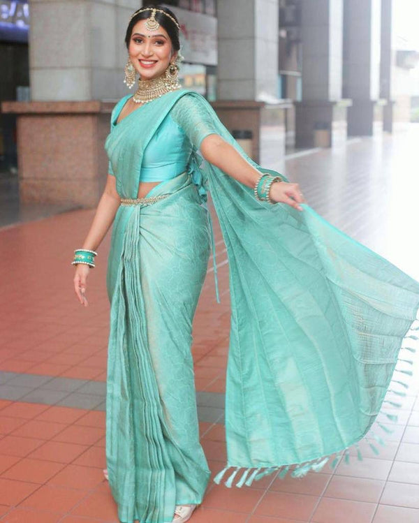 Exquisite Firozi Soft Silk Saree With Traditional Blouse Piece ClothsVilla