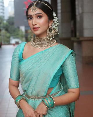 Exquisite Firozi Soft Silk Saree With Traditional Blouse Piece ClothsVilla