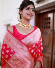 Load image into Gallery viewer, Snappy Red Soft Silk Saree With Smashing Blouse Piece ClothsVilla