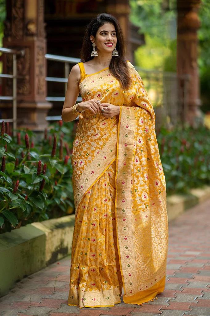 Eye-Catching Yellow Soft Silk Saree With Engrossing Blouse Piece ClothsVilla