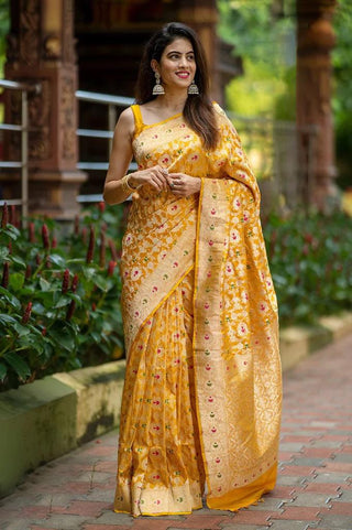 Eye-Catching Yellow Soft Silk Saree With Engrossing Blouse Piece ClothsVilla