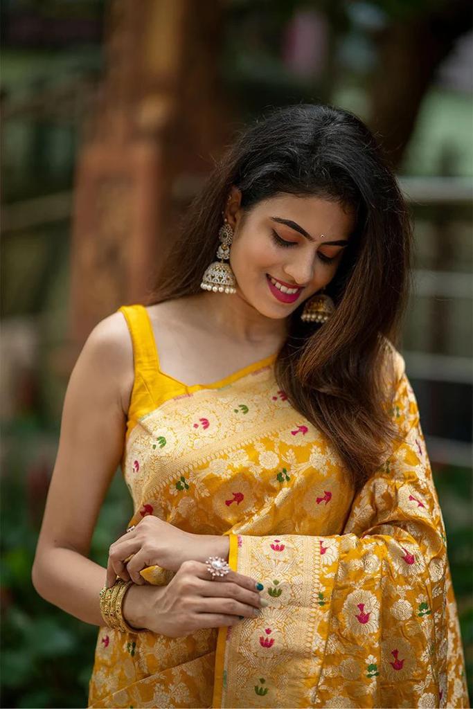 Eye-Catching Yellow Soft Silk Saree With Engrossing Blouse Piece ClothsVilla