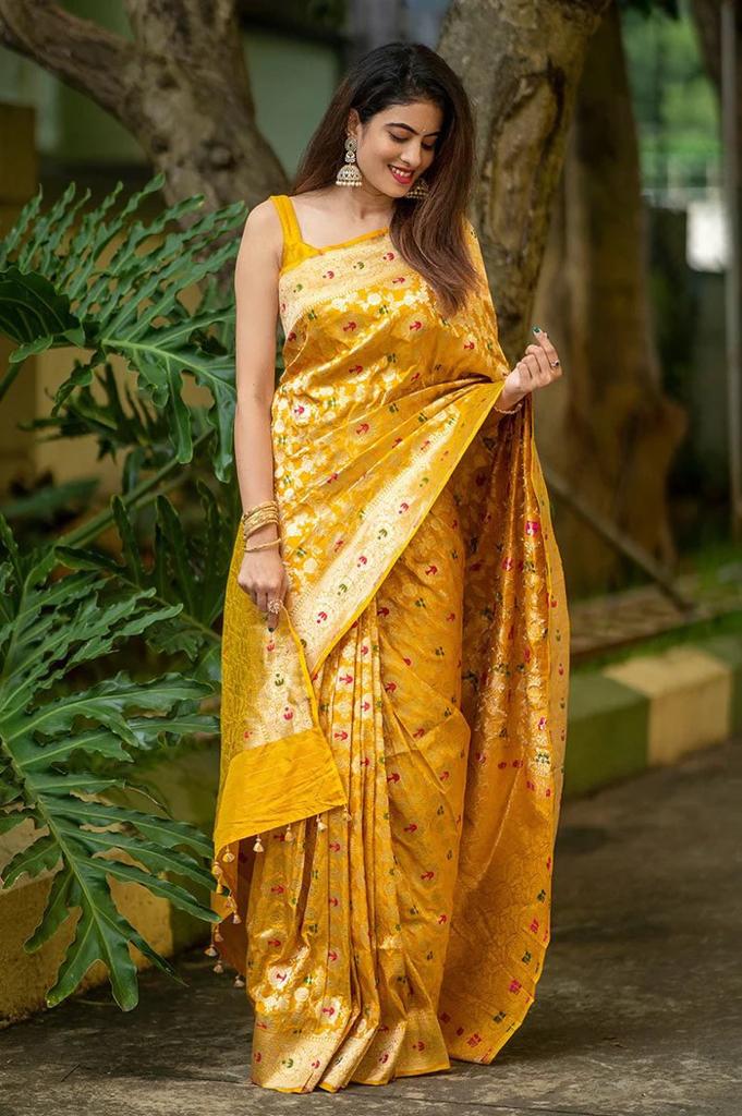 Eye-Catching Yellow Soft Silk Saree With Engrossing Blouse Piece ClothsVilla