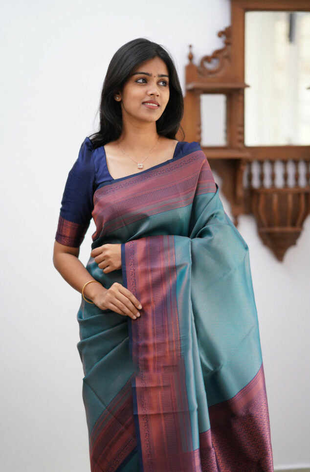 Smart Rama Soft Silk Saree With Ravishing Blouse Piece Secondary image