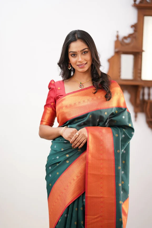 Eloquence Dark Green Soft Silk Saree With Evocative Blouse Piece ClothsVilla