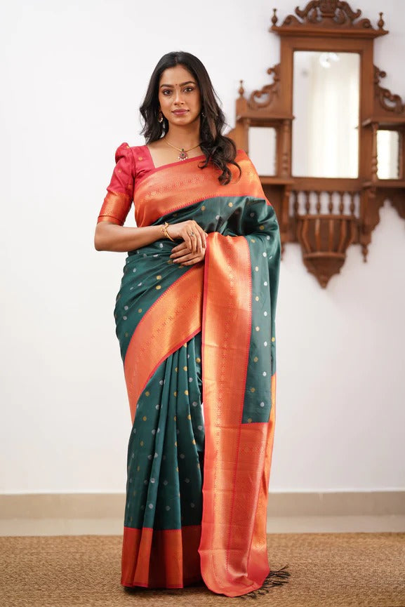 Eloquence Dark Green Soft Silk Saree With Evocative Blouse Piece ClothsVilla