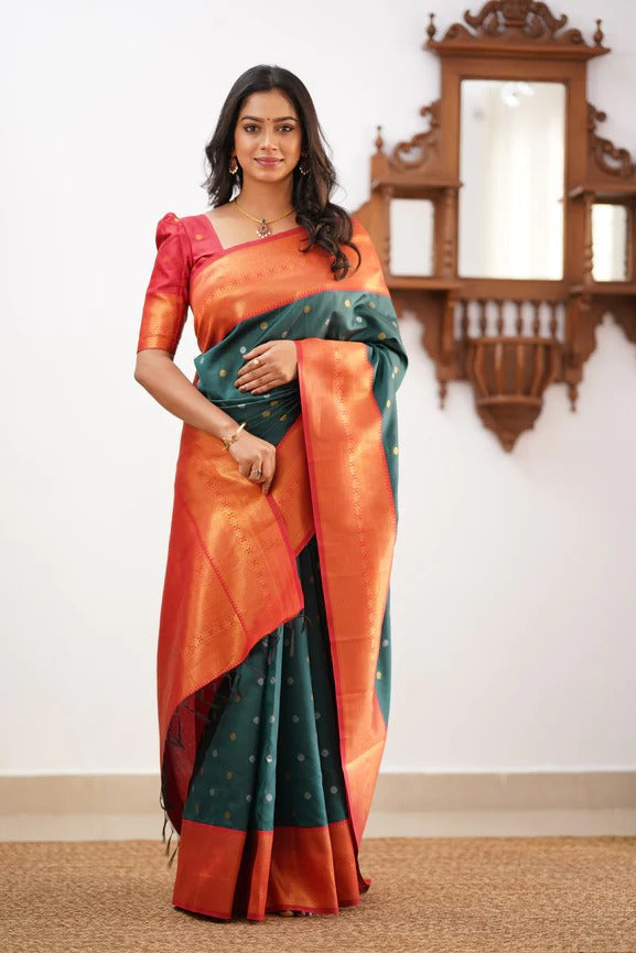 Eloquence Dark Green Soft Silk Saree With Evocative Blouse Piece ClothsVilla