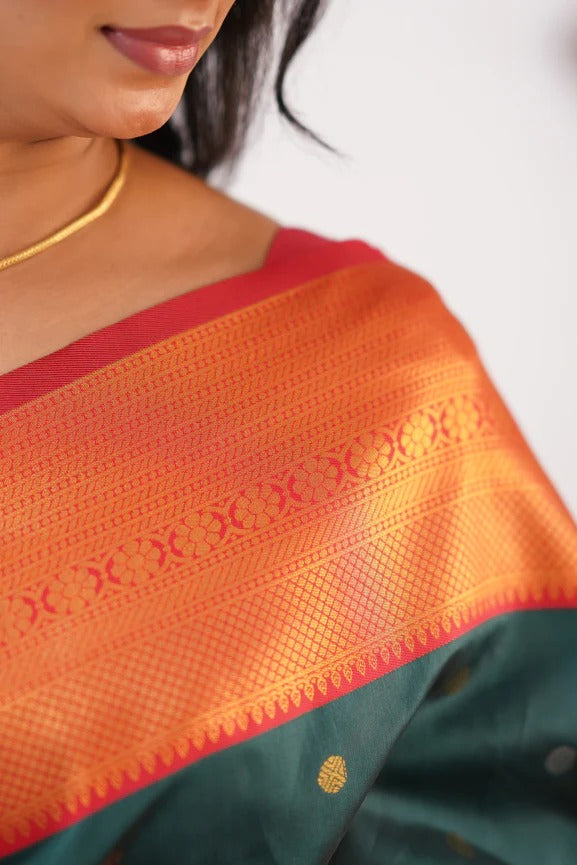 Arresting Dark Green Soft Silk Saree With Impressive Blouse