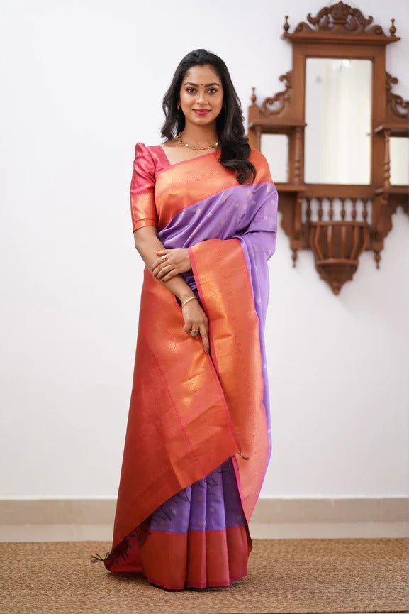 Shop Sea Green Dola Silk Weaving Saree with Lavender Shade Blouse