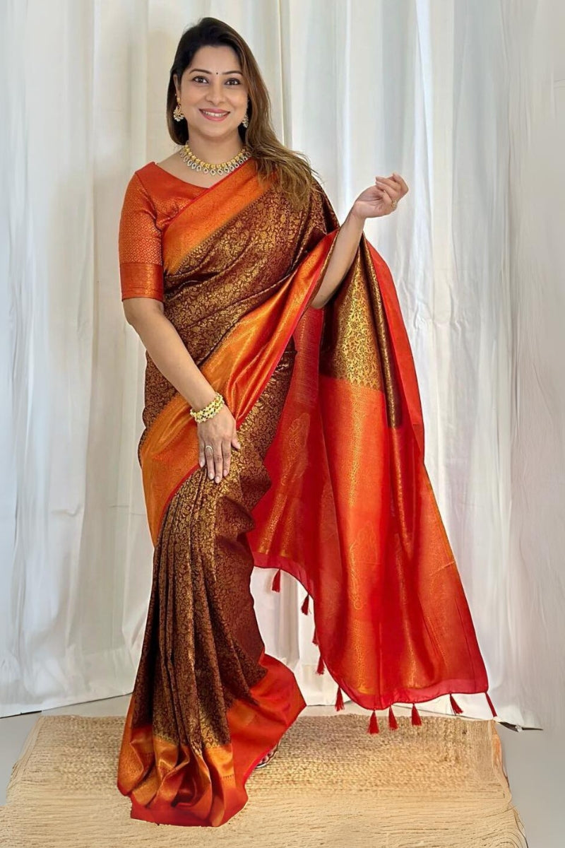 Transcendent Brown Soft Silk Saree With Incomparable Blouse Piece ClothsVilla