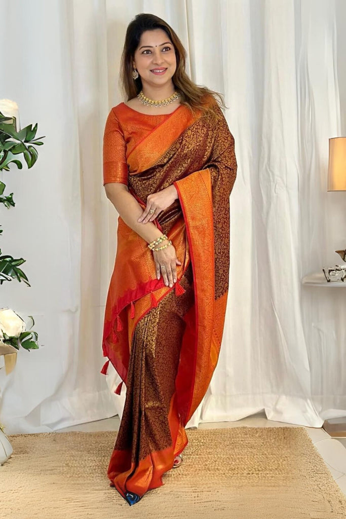 Transcendent Brown Soft Silk Saree With Incomparable Blouse Piece ClothsVilla