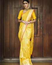 Load image into Gallery viewer, Seraglio Yellow Soft Silk Saree With Petrichor Blouse Piece ClothsVilla