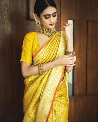 Seraglio Yellow Soft Silk Saree With Petrichor Blouse Piece ClothsVilla