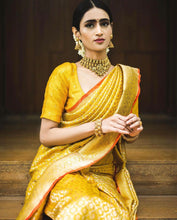 Load image into Gallery viewer, Seraglio Yellow Soft Silk Saree With Petrichor Blouse Piece ClothsVilla