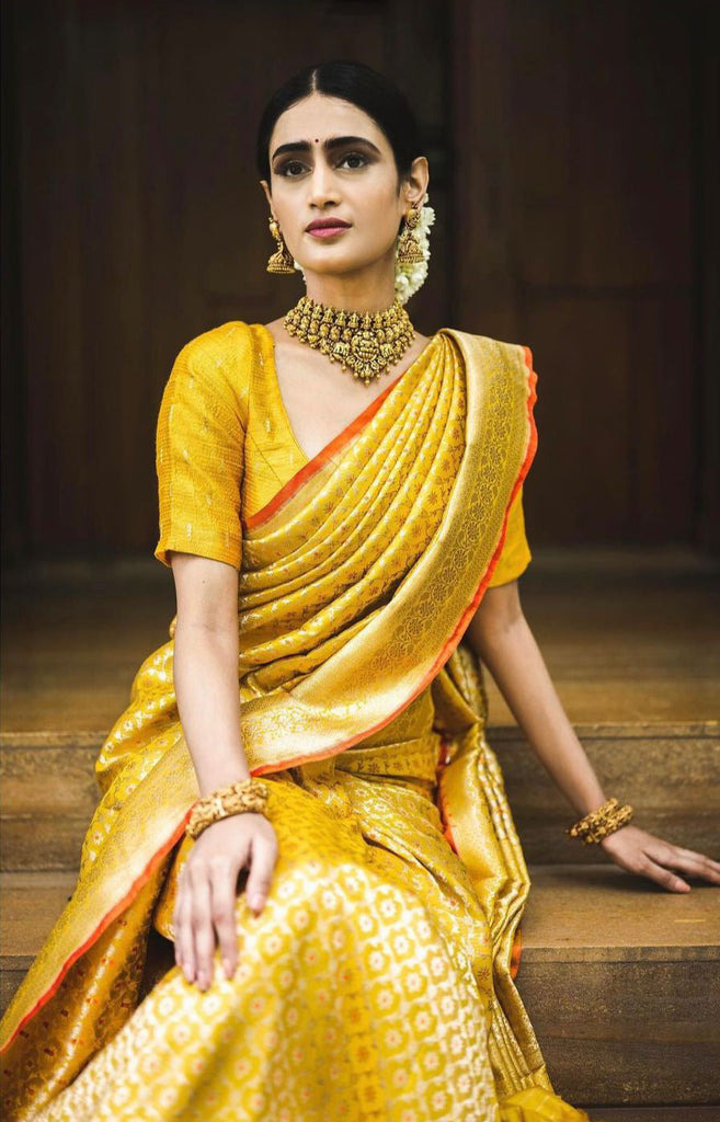 Fuel Yellow Woven Banarasi Organza Silk Saree – MySilkLove