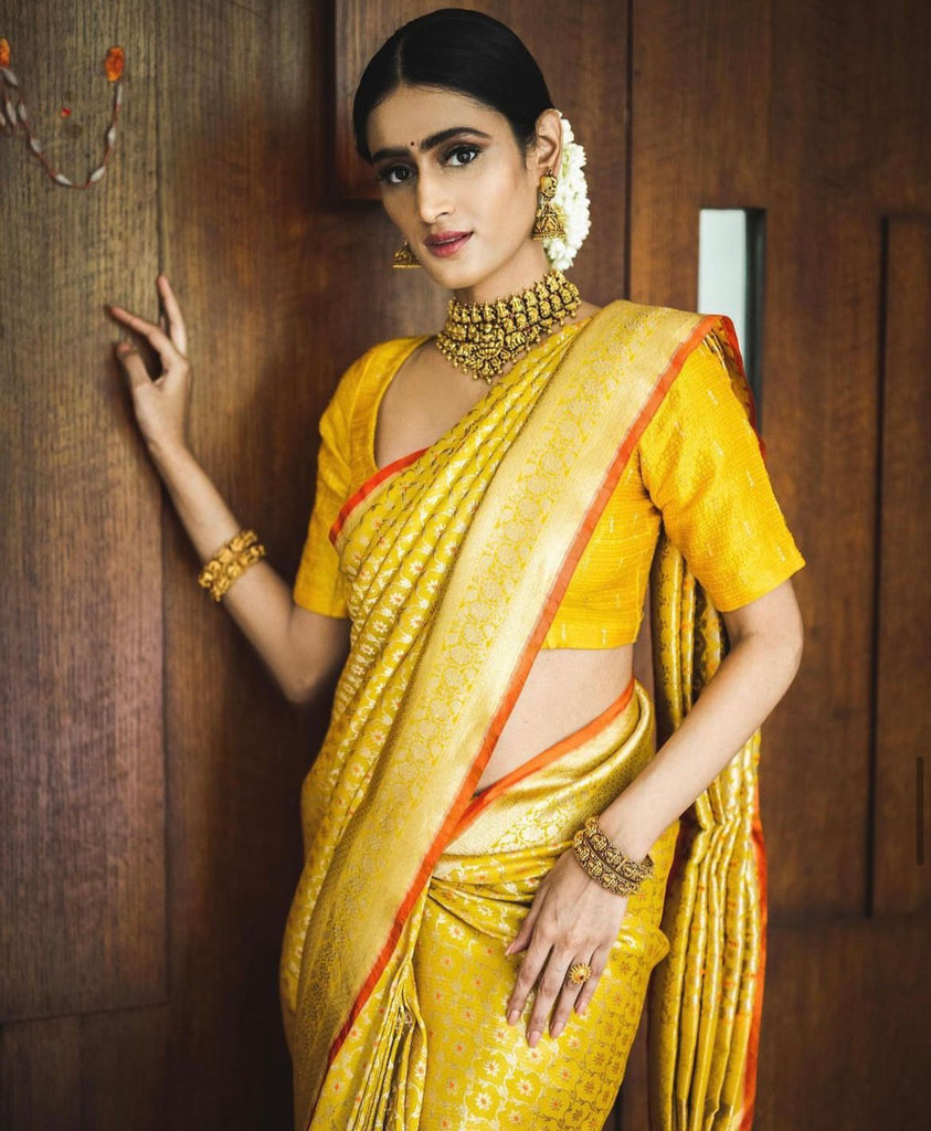 Seraglio Yellow Soft Silk Saree With Petrichor Blouse Piece ClothsVilla