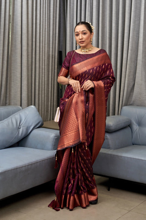 Hypnotic Wine Soft Silk Saree With Appealing Blouse Piece ClothsVilla Main image