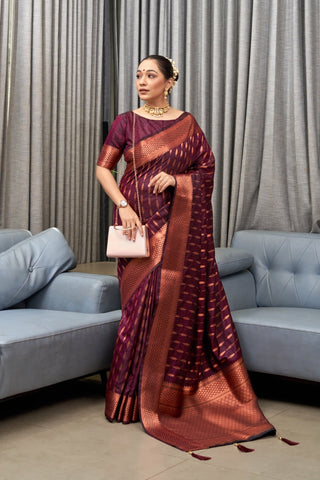 Hypnotic Wine Soft Silk Saree With Appealing Blouse Piece ClothsVilla