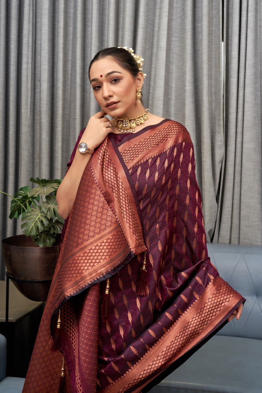 Hypnotic Wine Soft Silk Saree With Appealing Blouse Piece ClothsVilla