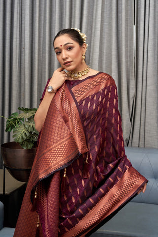 Hypnotic Wine Soft Silk Saree With Appealing Blouse Piece ClothsVilla