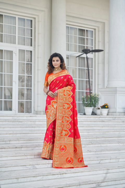 Admirable Pink Zari Weaving Banarasi Silk Wedding Wear Saree ClothsVilla Main image
