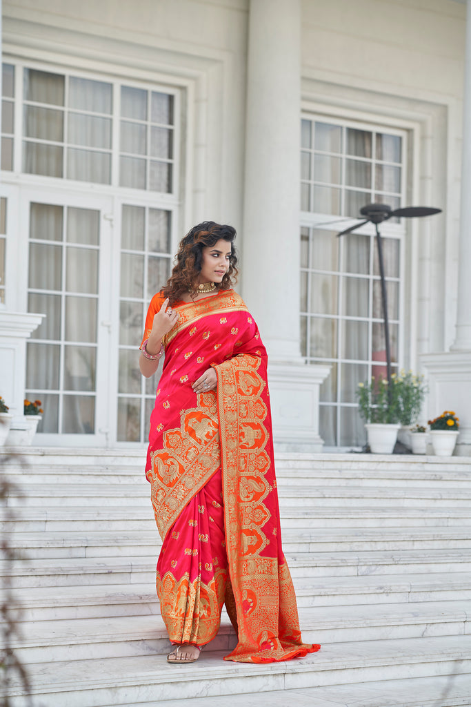 Admirable Pink Zari Weaving Banarasi Silk Wedding Wear Saree ClothsVilla