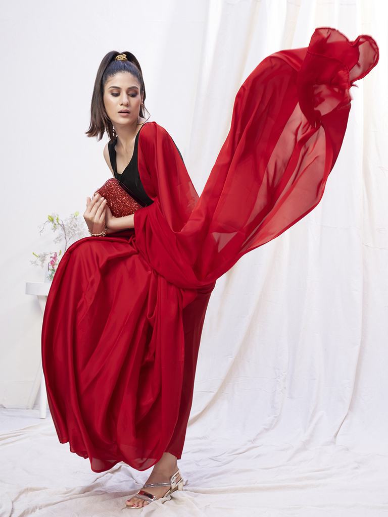 Admiral Red Pre-Stitched Blended Silk Saree ClothsVilla