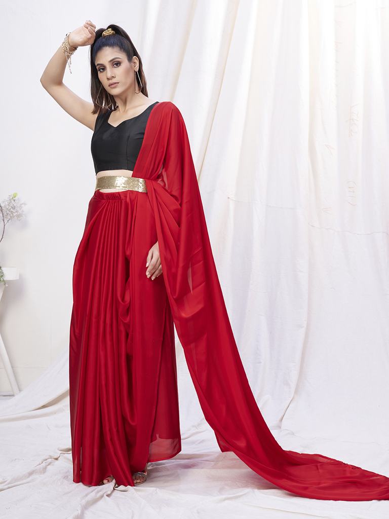 Admiral Red Pre-Stitched Blended Silk Saree ClothsVilla