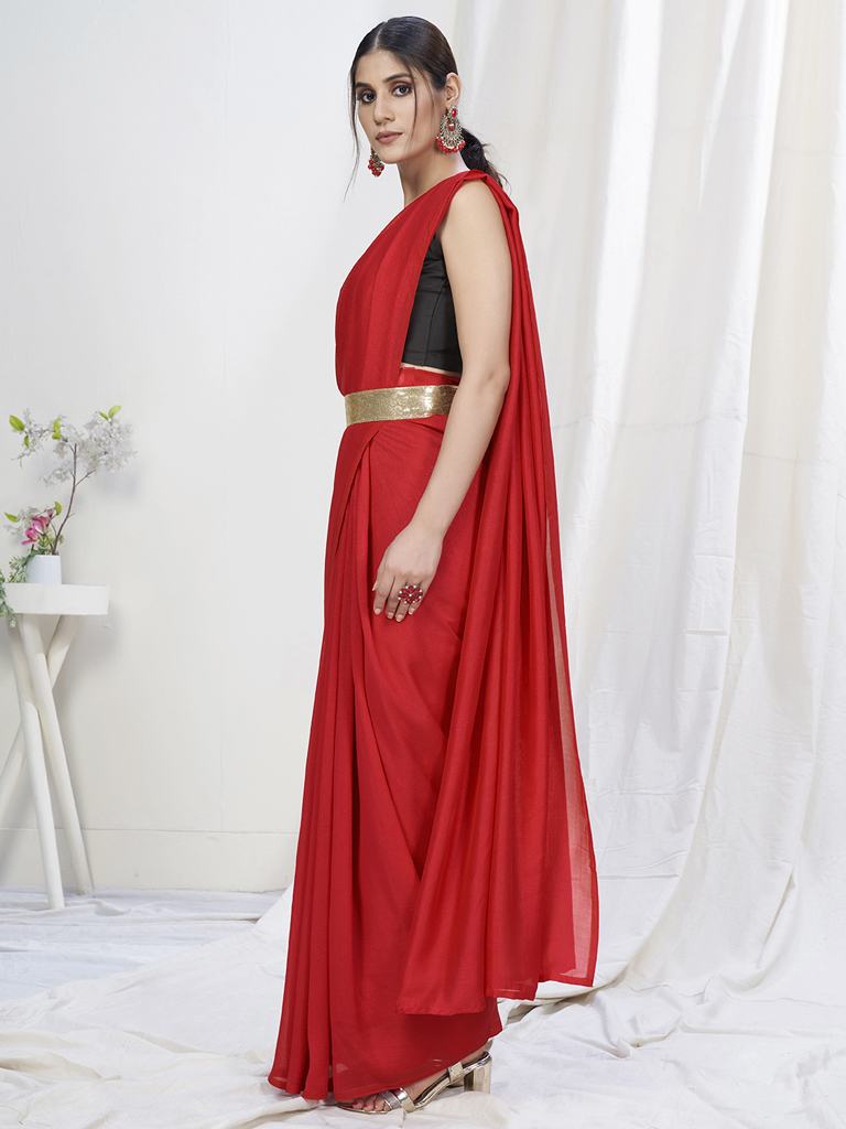 Admiral Red Ready to Wear One Minute Lycra Saree Secondary image