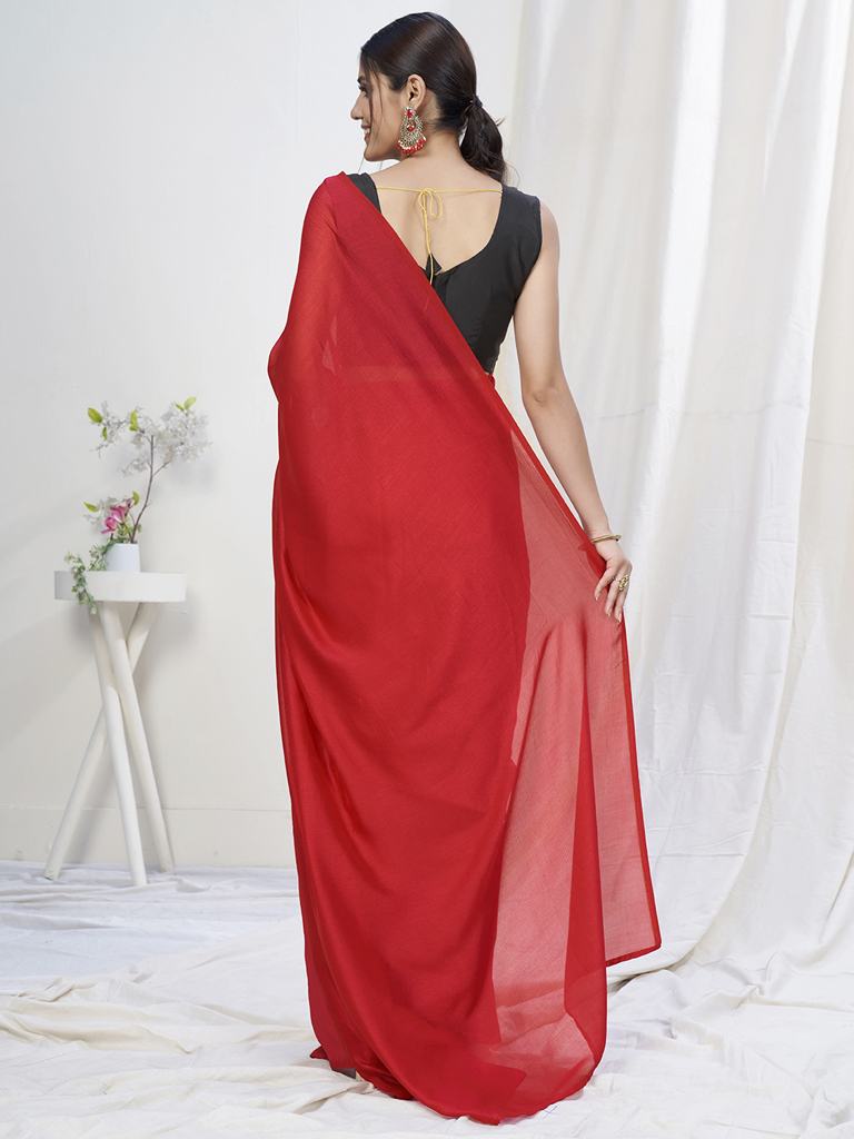 True Red Ready to Wear One Minute Lycra Saree - Clothsvilla
