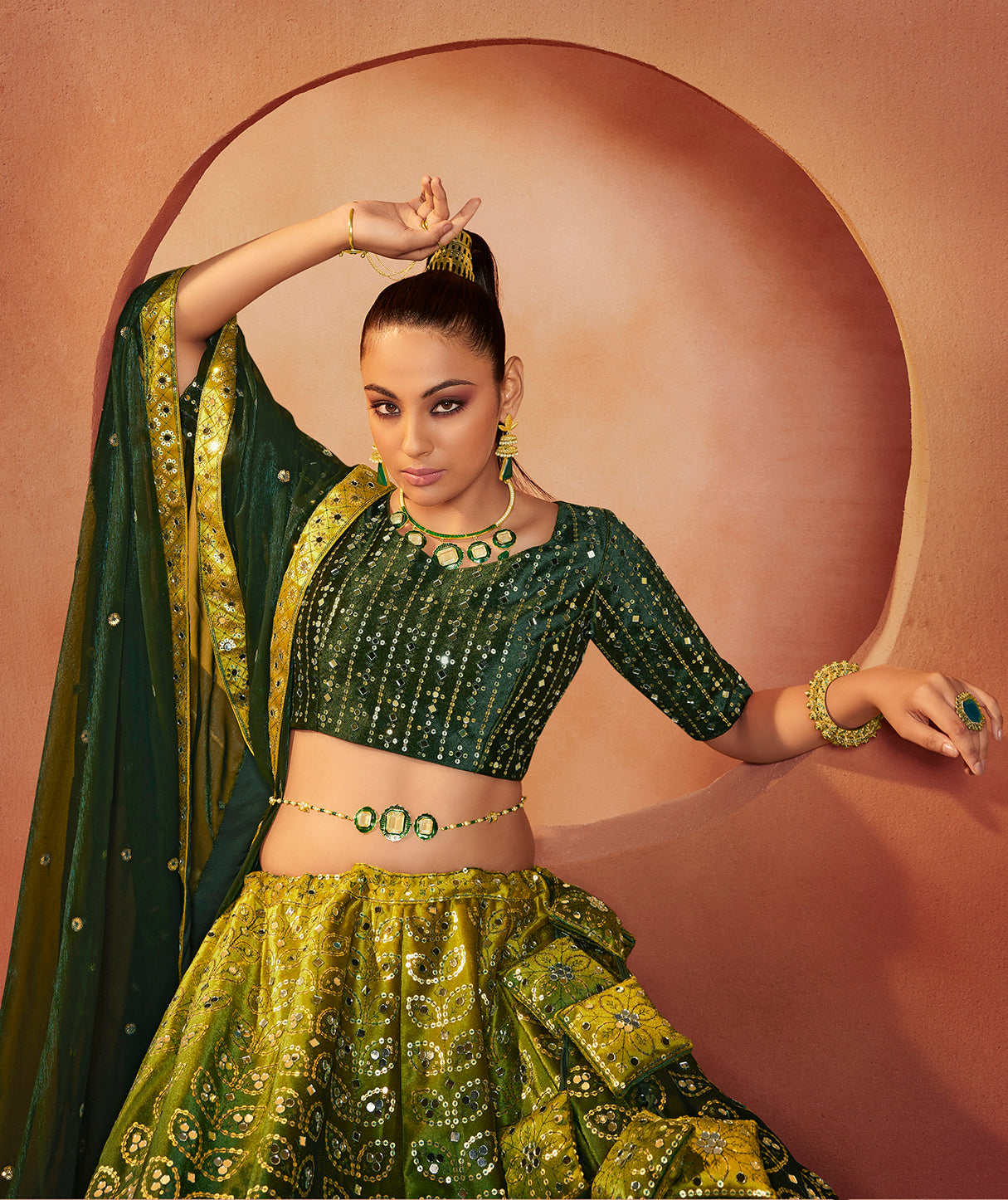 Admiring Green Color Mirror & Sequence Work Velvet Lehenga Choli Clothsvilla