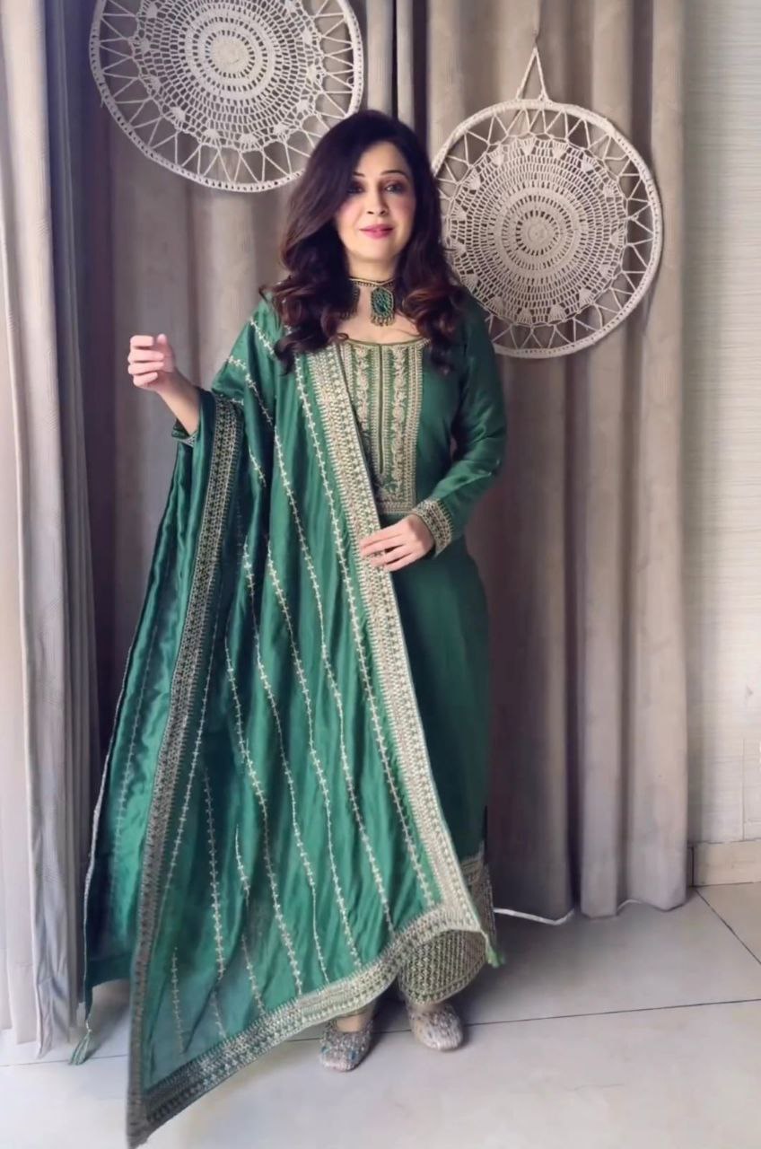 Adorable Dusty Green Embroidery Work Sharara Suit Clothsvilla Main image