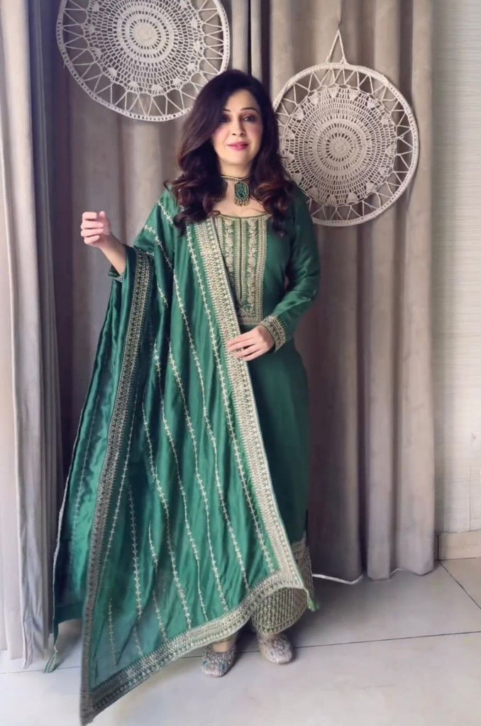 Adorable Dusty Green Embroidery Work Sharara Suit Clothsvilla