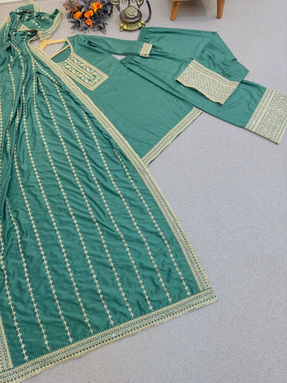 Adorable Dusty Green Embroidery Work Sharara Suit Clothsvilla