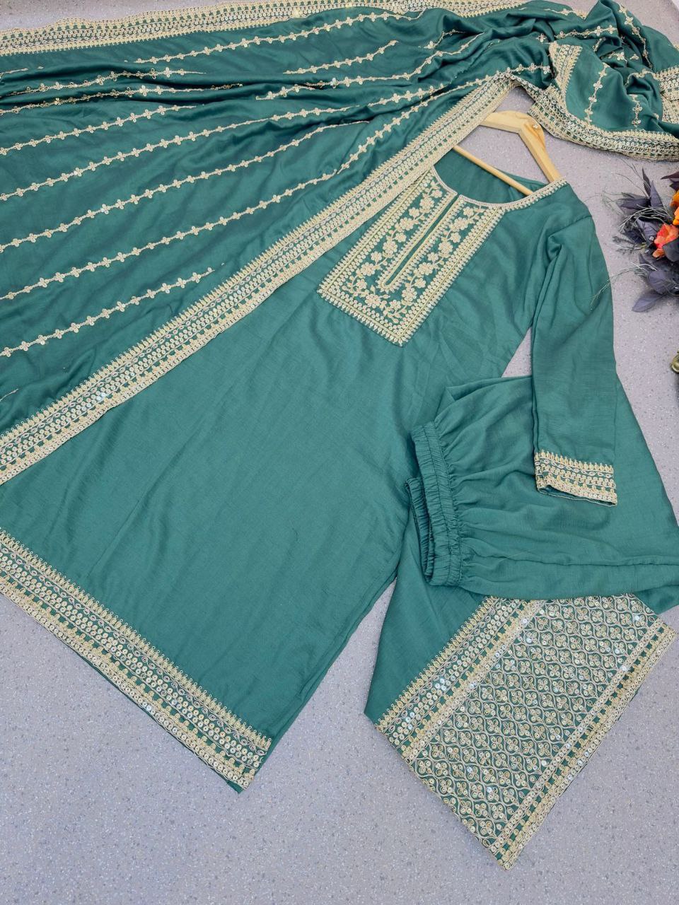 Adorable Dusty Green Embroidery Work Sharara Suit Clothsvilla