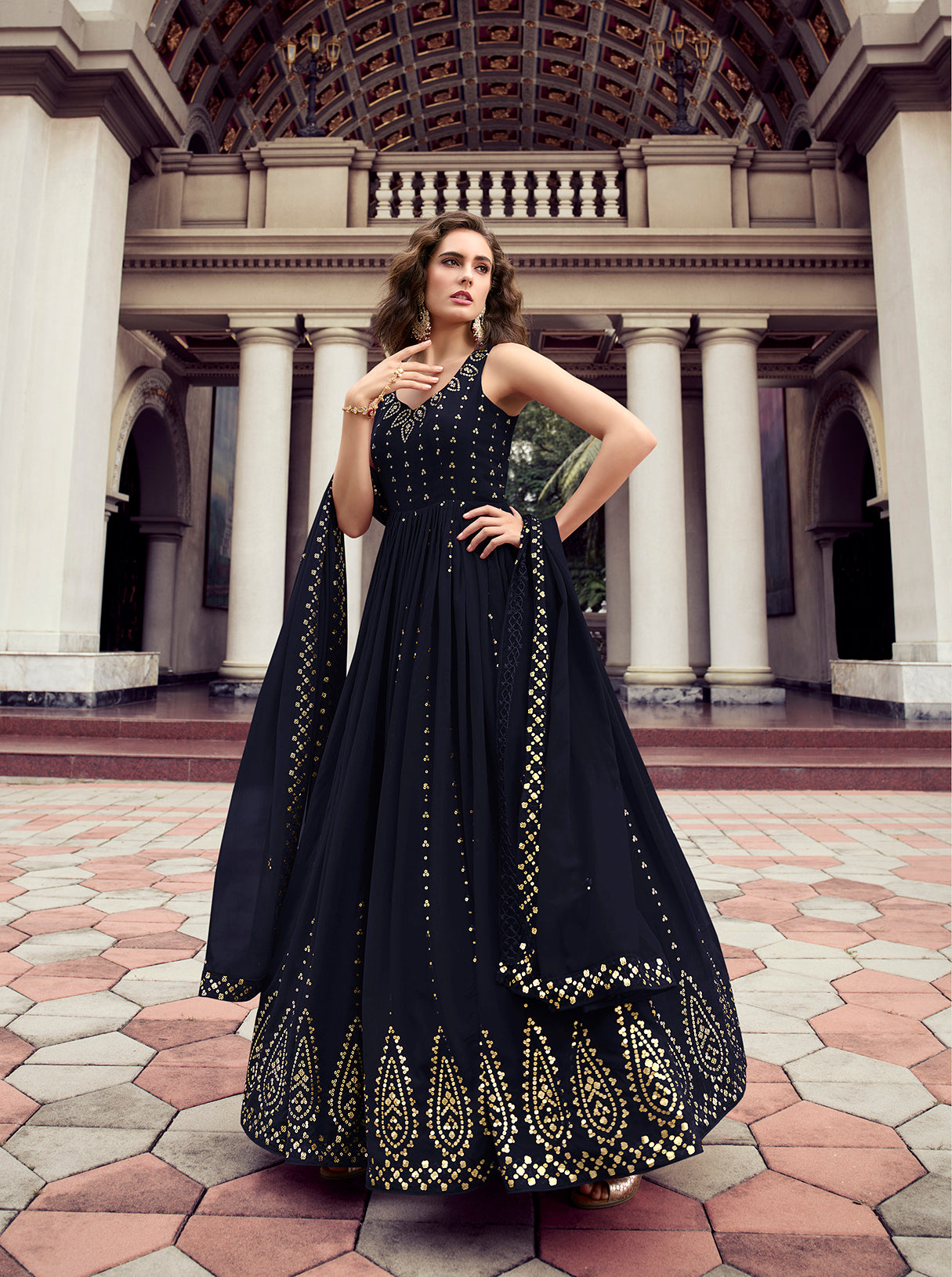 Adorable Navy Blue Color Thread Sequence Work Gown Clothsvilla