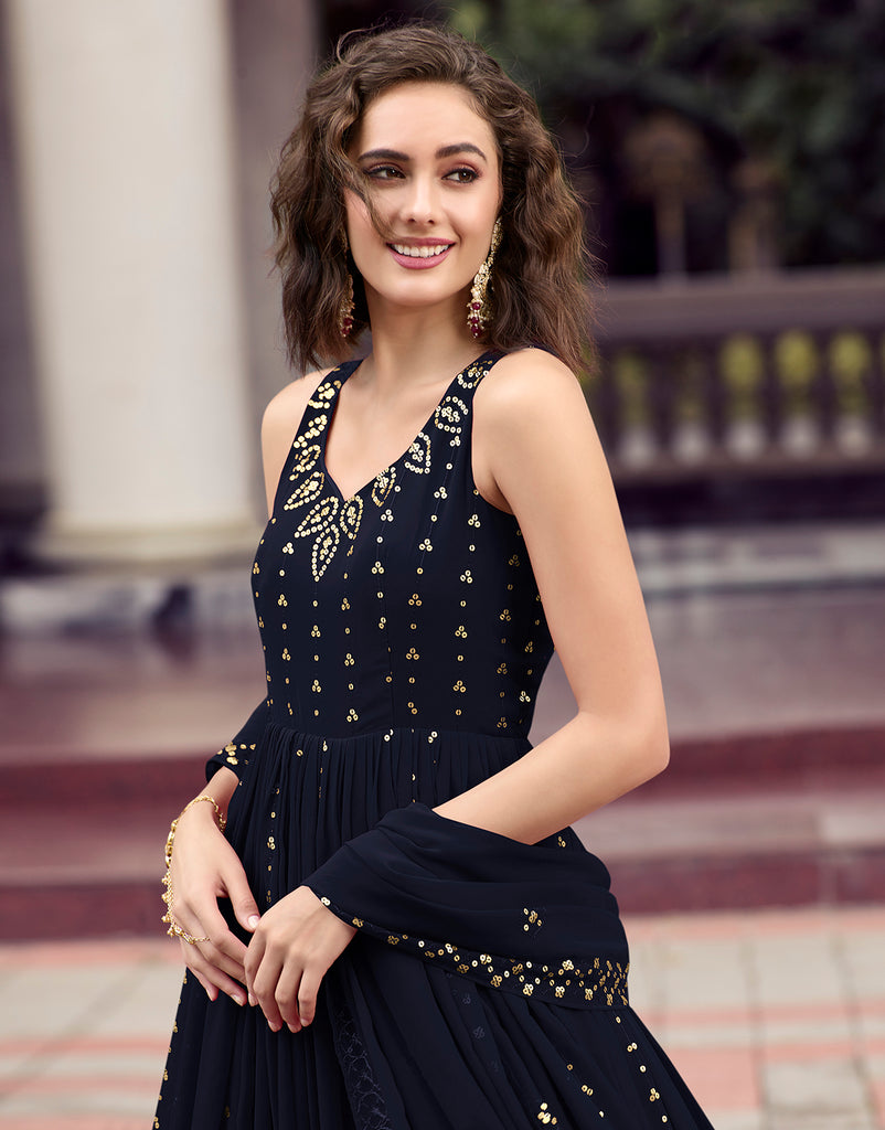 Adorable Navy Blue Color Thread Sequence Work Gown Clothsvilla