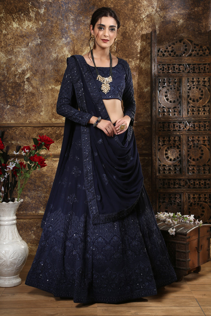 Adorable Navy Blue Georgette Thread And Sequence Embroidered Lehenga Choli ClothsVilla