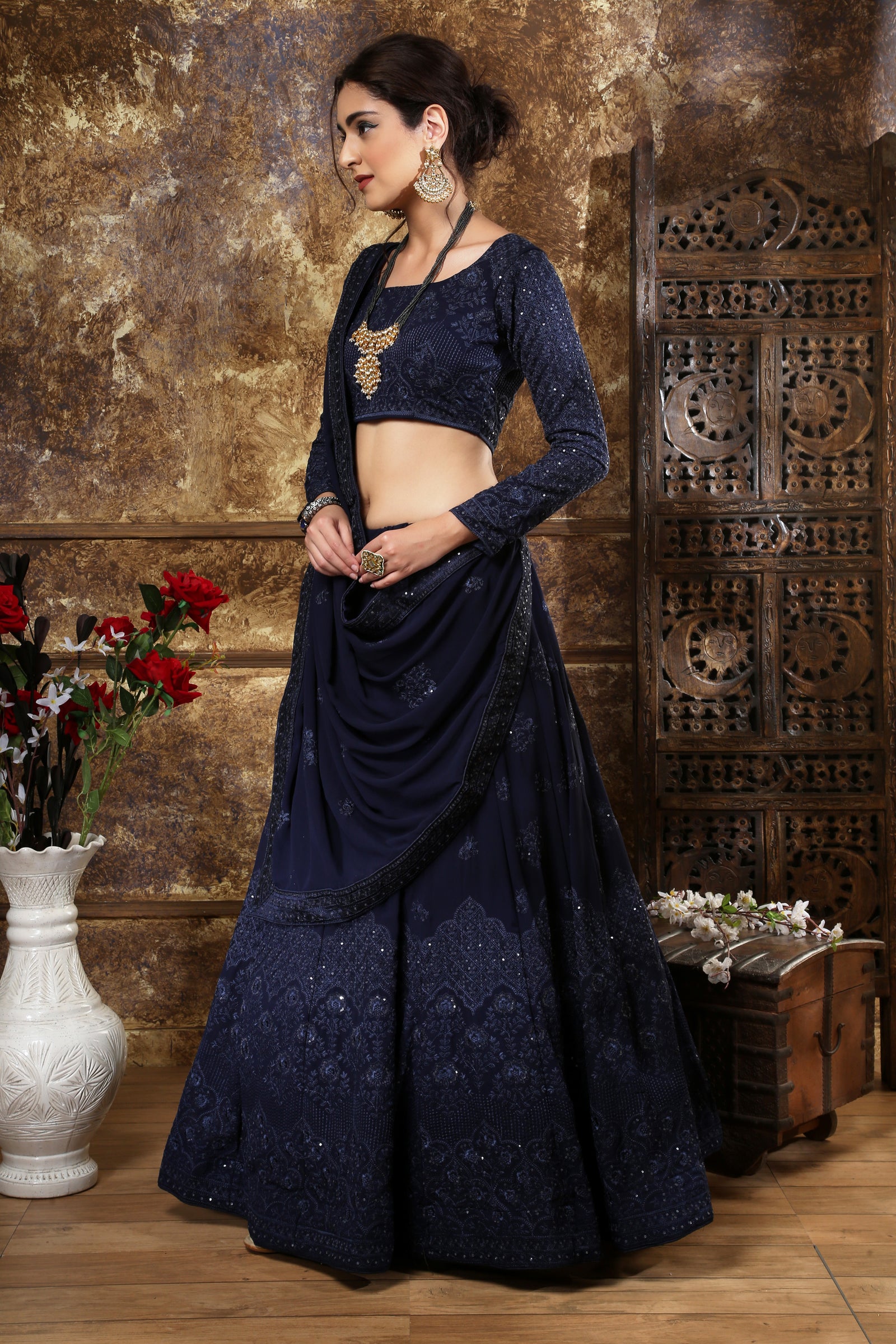 Adorable Navy Blue Georgette Thread And Sequence Embroidered Lehenga Choli ClothsVilla