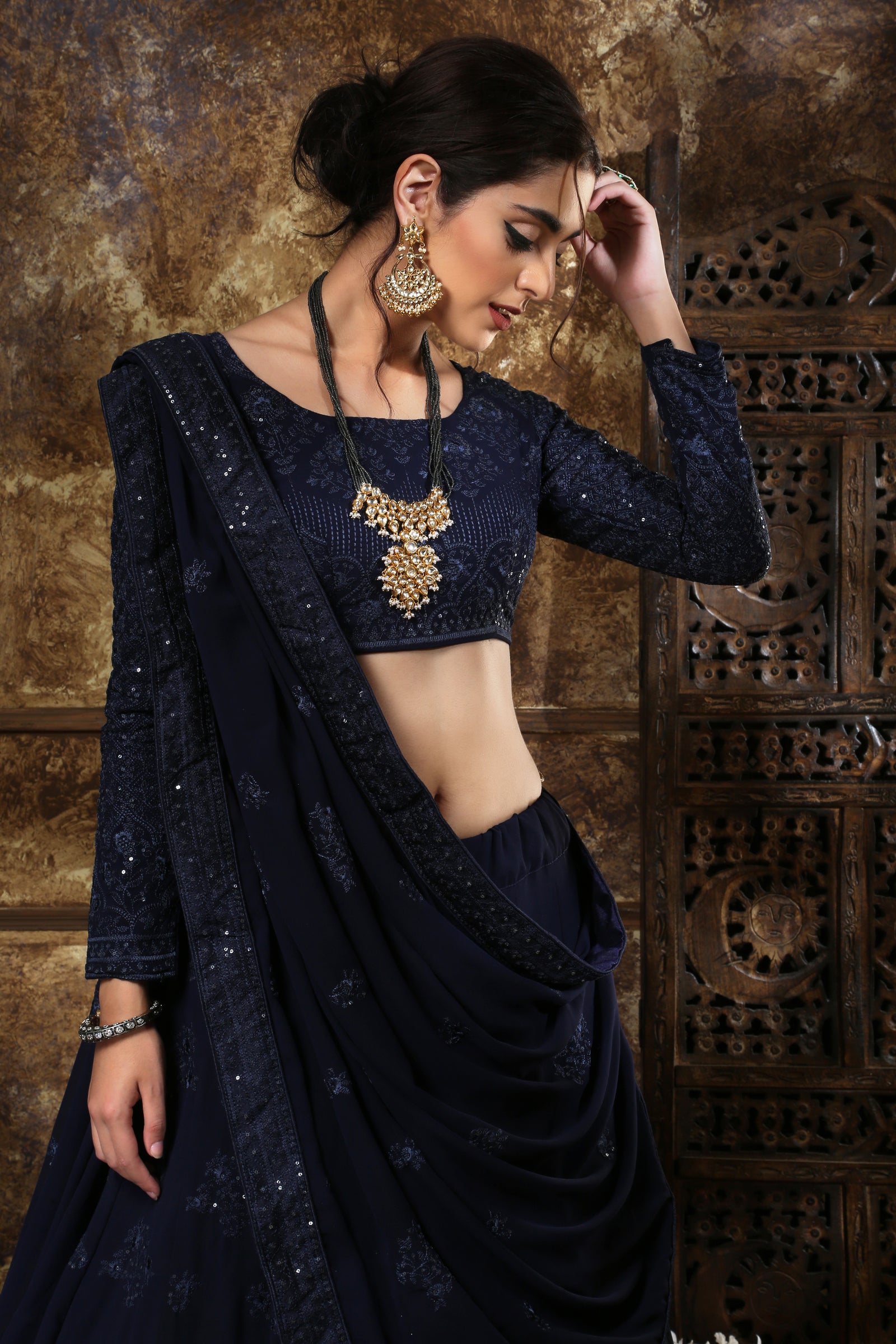 Adorable Navy Blue Georgette Thread And Sequence Embroidered Lehenga Choli ClothsVilla