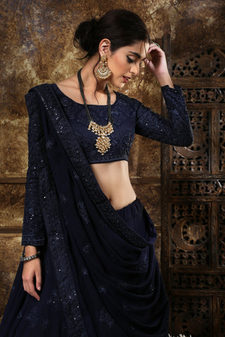Adorable Navy Blue Georgette Thread And Sequence Embroidered Lehenga Choli ClothsVilla