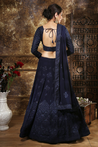 Adorable Navy Blue Georgette Thread And Sequence Embroidered Lehenga Choli ClothsVilla