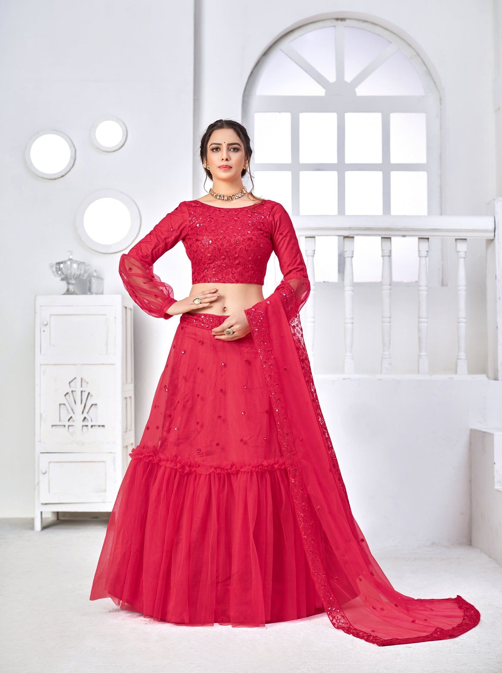 Adorable Rani Pink Thread With Sequins Embroidered Net Party Wear Lehenga Choli ClothsVilla