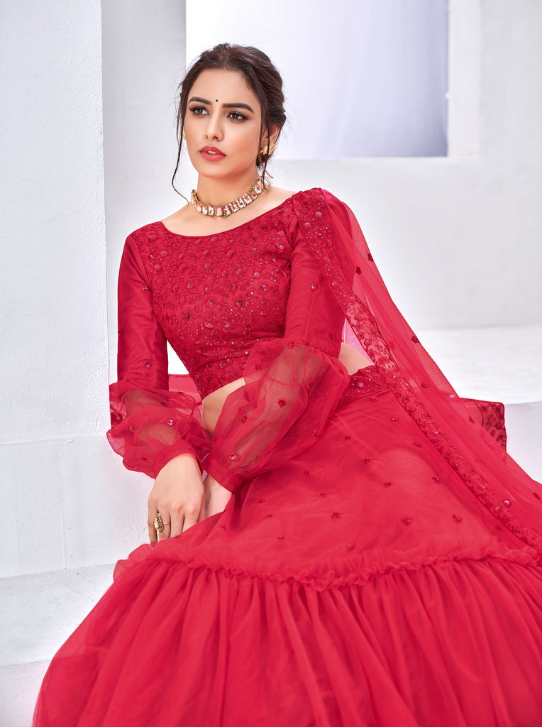 Adorable Rani Pink Thread With Sequins Embroidered Net Party Wear Lehenga Choli ClothsVilla